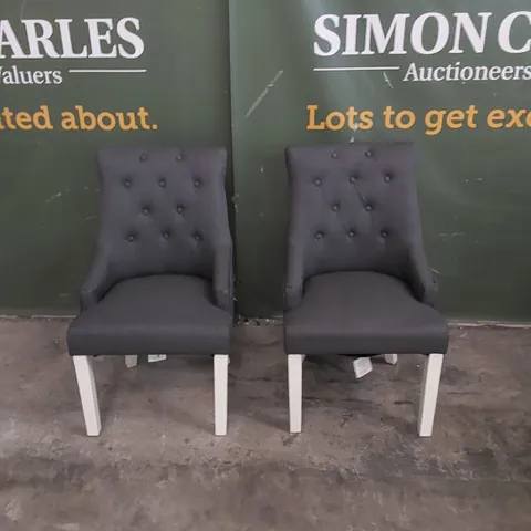 SET OF 2 DUKE SLATE FABRIC BUTTON BACK DINING CHAIRS WITH WHITE LEGS 