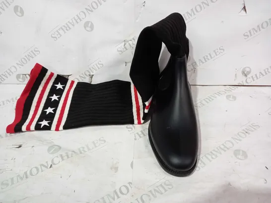 BOXED PAIR OF GIVENCHY THIGH HIGH SOCK BOOTS IN BLACK/RED/WHITE WITH STAR PATTERN SIZE UNSPECIFIED