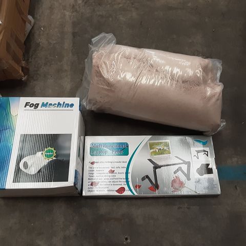 PALLET OF ASSORTED ITEMS TO INCLUDE FOG MACHINE, MULTIFUNCTION LAPTOP TABLE AND UMI BEIGE XL PET BED