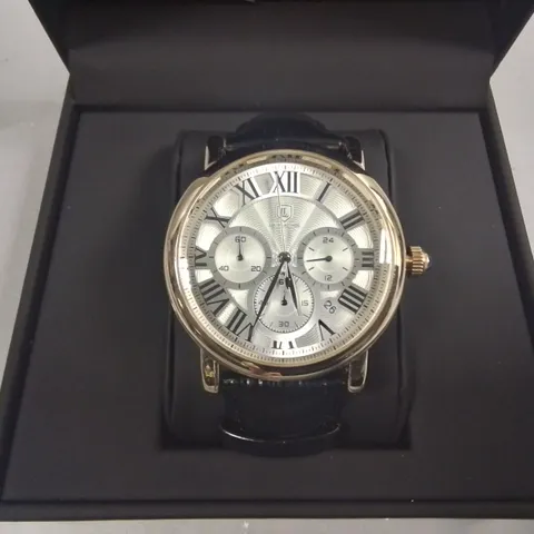 LOUIS LACOMBE STAINLESS STEEL CHRONOGRAPH WATCH WITH BLACK LEATHER STRAP