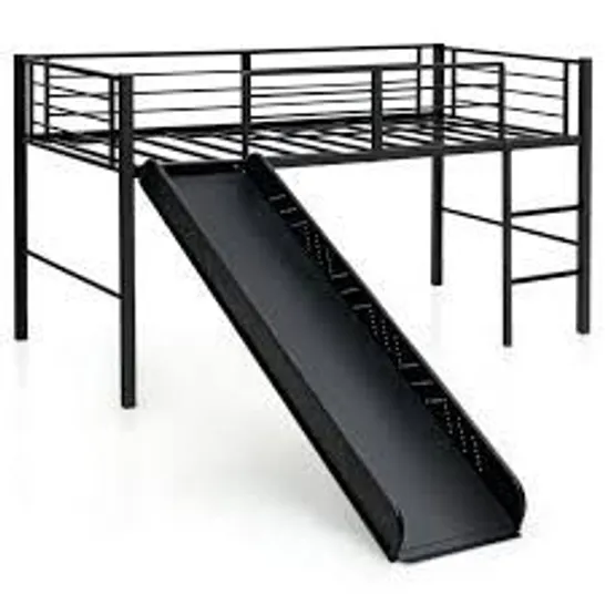 BOXED COSTWAY LOFT BED SINGLE SIZE KIDS BED FRAME W/ SAFETY GUARDRAILS LADDER & SLIDE - BLACK