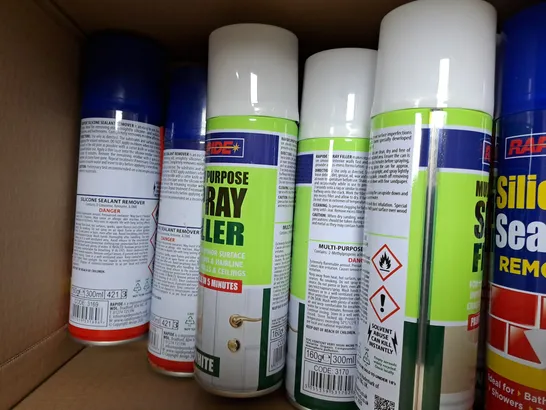 APPROXIMATELY 10 ASSORTED RAPIDE SPRAY PRODUCTS TO INCLUDE MULTIPURPOSE SPRAY FILLER AND SILICONE SEALANT REMOVER 