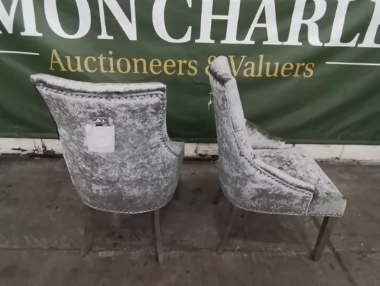 PAIR OF DESIGNER IMPERIAL UPHOLSTERED RING BUTTONED BACK DINING CHAIRS ON SILVER LEGS PLUSH SILVER FABRIC 