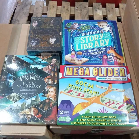 APPROXIMATELY 30 ASSORTED BOOKS AND ACCESSORIES TO INCLUDE; DISNEY TWISTED TALES, BEDTIME STORY LIBRARY, HARRY POTTER FILM WIZARDARY AND MEGA GLIDERS