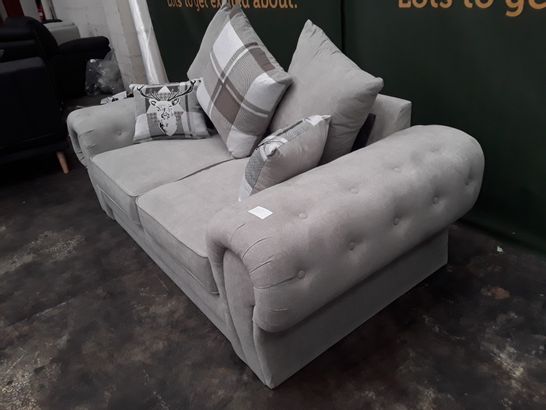 DESIGNER LIGHT GREY FABRIC TWO SEATER SOFA WITH SCATTER BACK CUSHIONS 