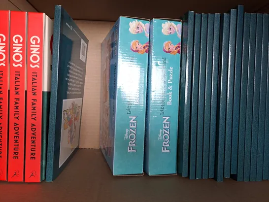 BOX OF APPROXIMATELY 10 ASSORTED BOOKS TO INCLUDE DISNEY FROZEN BOOK & PUZZLE, GINO'S ITALIAN FAMILY ADVENTURE, DISNEY ENCANTO BOOK & FLASHLIGHT SET, ETC