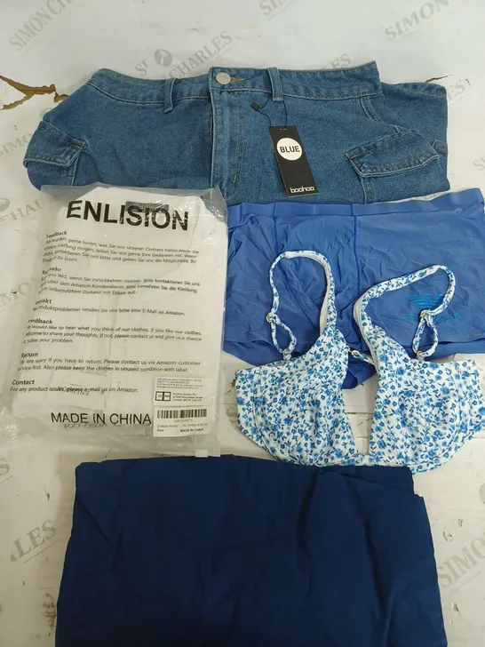 BOX OF APPROXIMATELY 22 ASSORTED CLOTHING ITEMS TO INCLUDE - SKIRT , SWIMWEAR TOP , PANTS ETC