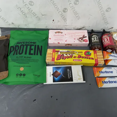 APPROXIMATELY 6 ASSORTED FOOD ITEMS TO INCLUDE - LINDT DARK, ALLPRESS ESPRESSO, AND AWESOME PLANT PROTEIN ETC.  