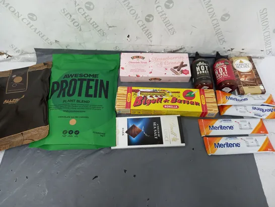 APPROXIMATELY 6 ASSORTED FOOD ITEMS TO INCLUDE - LINDT DARK, ALLPRESS ESPRESSO, AND AWESOME PLANT PROTEIN ETC.  