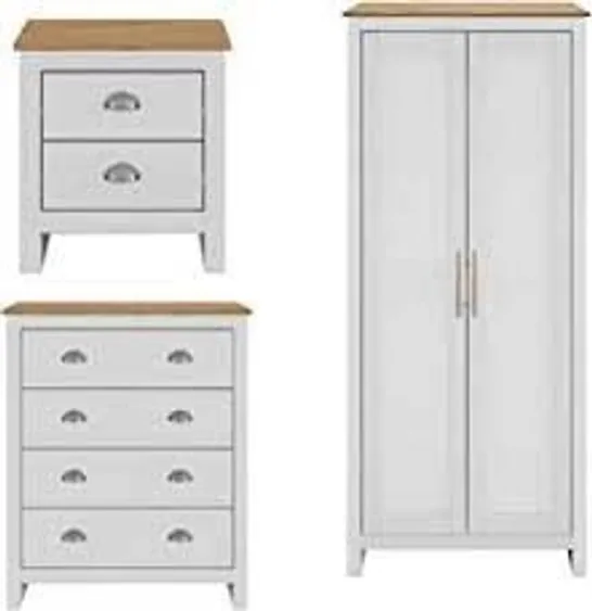 BOXED GRADE 1 ATLANTA 3-PIECE PACKAGE OF 2 DOOR WARDROBE, 4 DRAWER CHEST & 2 DRAWER BEDSIDE. LIGHTGREY/OAK (2 BOXES)