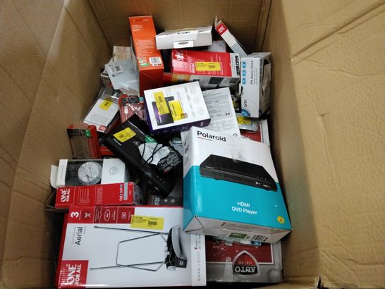 BOX OF ASSORTED ELECTRONIC ITEMS TO INCLUDE BLACKWEB BLUETOOTH PARTY SPEAKERS, PANASONIC BLU-RAY DISC PLAYER, MIXX JX1 WIRELESS HEADPHONES, ONE FOR ALL AERIAL, ETC