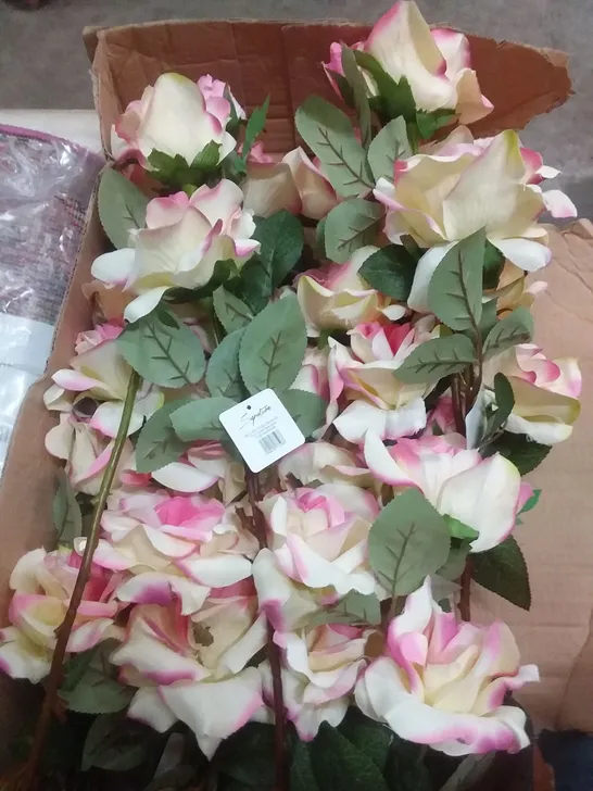 BOX OF 24 BRAND NEW SIGNATURE SILK FLOWERS 71CM CURELY ROSE SPRAY - FUSCHIA/ CREAM