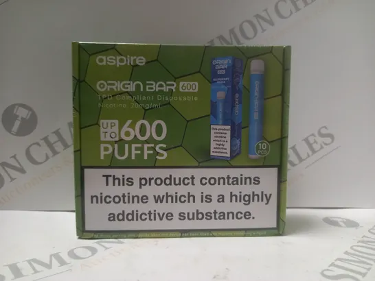 BOX OF APPROX 15 ASPIRE ORIGIN BAR 600 20MG NICOTINE DISPOSABLE VAPES 