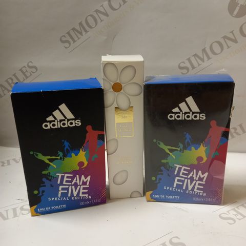 LOT OF 3 ASSORTED FRAGRANCES TO INCLUDE 2 X 100ML ADIDAS TEAM FIVE EDT & LOVES ME, LOVES ME NOT EDP 50ML