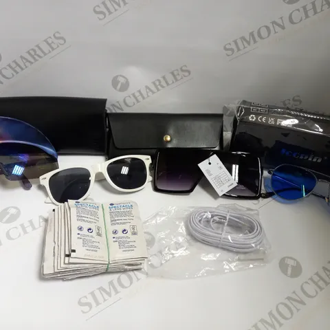 BOX OF APPROX 10 ITEMS INCLUDING ASSORTED GLASSES, ASSORTED CASES AND CHARGING CABLE