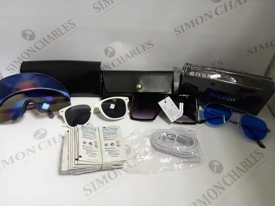 BOX OF APPROX 10 ITEMS INCLUDING ASSORTED GLASSES, ASSORTED CASES AND CHARGING CABLE