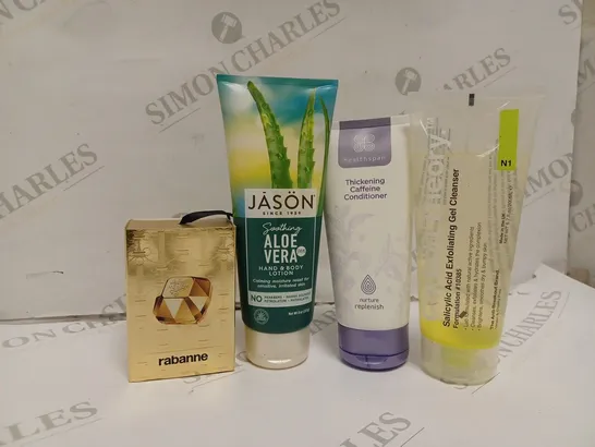 APPROXIMATELY 10 ASSORTED HEALTH AND BEAUTY PRODUCTS TO INCLUDE RABANNE LADY MILLION EAU DE PARFUM 5ML, JASON SOOTHING ALOE VERA HAND AND BODY LOTION, HEALTHSPAN THICKENING CAFFEINE CONDITIONER  