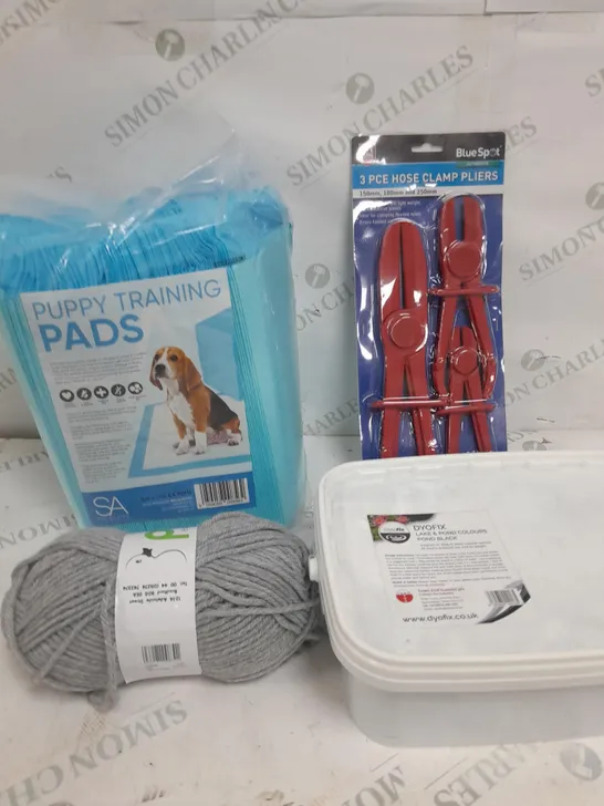 BOX OF APPROX 10 ASSORTED ITEMS TO INCLUDE - PUPPY PADS, CLAMP PLIERS, YARN ETC