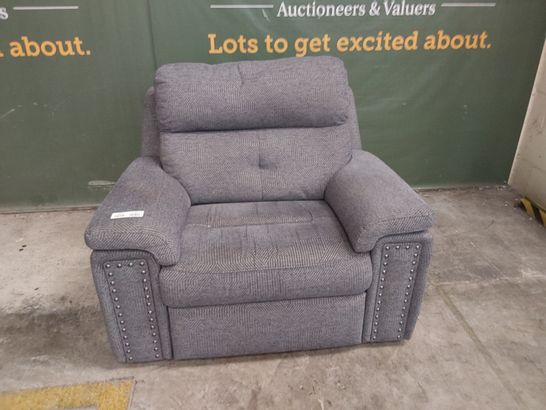 QUALITY BRITISH DESIGNER G PLAN GREY FABRIC SNUGGLE CHAIR WITH STUDDED DETAILS