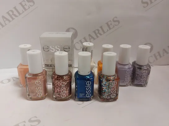 BOX OF APPROX 10 ESSIE NAIL PRODUCTS TO INCLUDE NAIL STRENGTHENER AND NAIL LACQUER IN ASSORTED COLOURS 