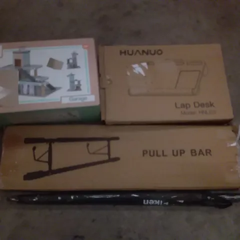 PALLET OF ASSORTED ITEMS INCLUDING PULL UP BAR, HUANUO LAP DESK, ACELKEN UMBRELLA, STUDIO CIRCUS TOY GARAGE, LED SCOOTER, AICOOK JUICE EXTRACTOR 