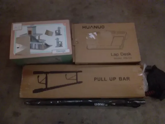 PALLET OF ASSORTED ITEMS INCLUDING PULL UP BAR, HUANUO LAP DESK, ACELKEN UMBRELLA, STUDIO CIRCUS TOY GARAGE, LED SCOOTER, AICOOK JUICE EXTRACTOR 