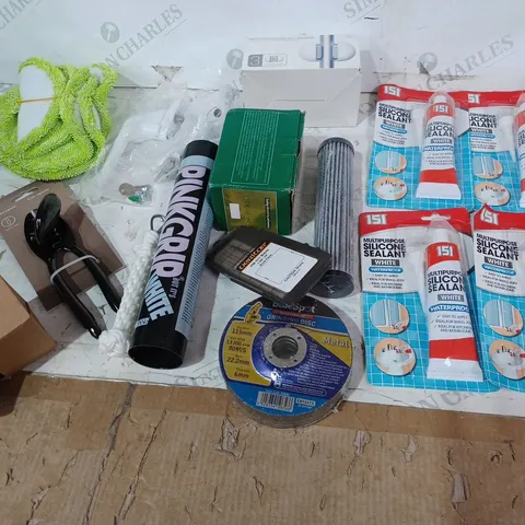 ASSORTED ITEMS TO INCLUDE: MULTIPURPOSE SILICONE SEALANT, PINKGRIP, JOHN LEWIS CAN OPENER ETC 