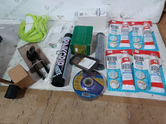 ASSORTED ITEMS TO INCLUDE: MULTIPURPOSE SILICONE SEALANT, PINKGRIP, JOHN LEWIS CAN OPENER ETC 