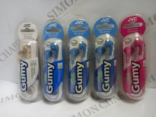 LOT OF 5 JVC GUMY WIRED EARPHONES TO INCLUDE 3 PEPPERMINT BLUE, 1 PEACH PINK, 1 COCONUT WHITE