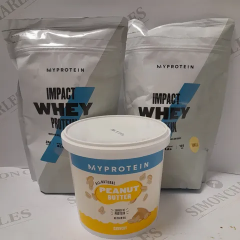 LOT OF 3 ASSORTED MYPROTEIN PRODUCTS TO INCLUDE PEANUT BUTTER 1KG, IMPACT WHEY PROTEIN COOKIES AND CREAM 500G & IMPACT WHEY PROTEIN VANILLA 500G