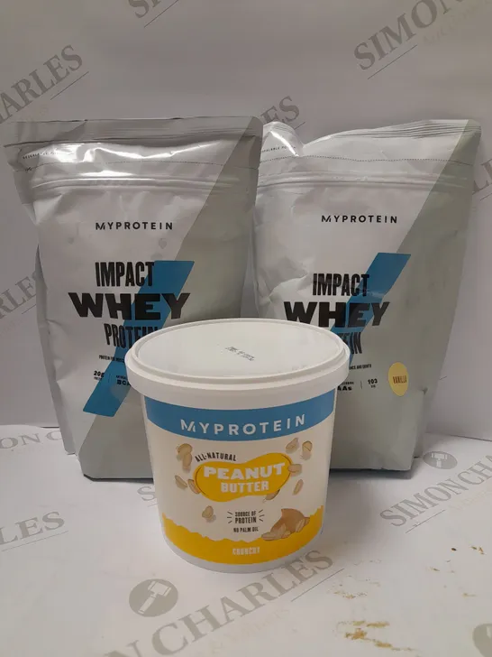 LOT OF 3 ASSORTED MYPROTEIN PRODUCTS TO INCLUDE PEANUT BUTTER 1KG, IMPACT WHEY PROTEIN COOKIES AND CREAM 500G & IMPACT WHEY PROTEIN VANILLA 500G