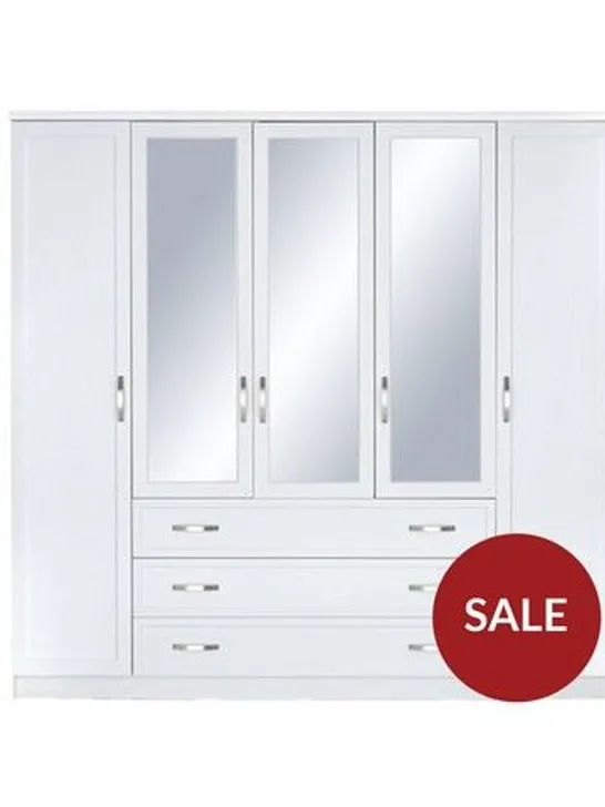 DESIGNER BOXED CAMBERLEY WHITE 5 DOOR 3 DRAWER MIRRORED WARDROBE (3 BOXES)