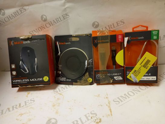LOT OF 4 ASSORTED BLACK WEB ITEMS TO INCLUDE WIRELESS MOUSE, WIRELESS CHARGING PAD, USB CABLE, ETC