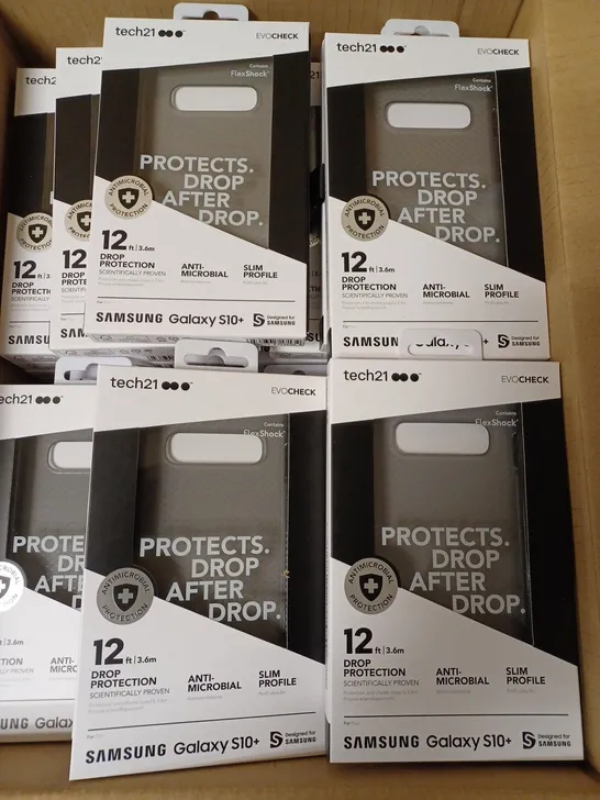 LOT OF APPROX. 80 BRAND NEW BOXED TECH 21 T21-6949 SMOKEY BLACK EVO CHECK CASE COVER WITH 12FT DROP PROTECTION AND ANTI-MICROBIAL PROTECTION FOR SAMSUNG GALAXY S10+