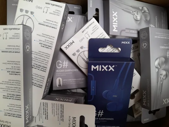 BOX OF APPROXIMATELY 20 ASSORTED MIXX G# IN EAR HEADPHONES IN SILVER AND BLUE