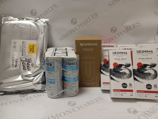 LOT OF APPROX 10 ASSORTED ITEMS TO INCLUDE NESPRESSO NOMAD TRAVEL CUP, UESHIMA HOUSE BLEND ESPRESSO COFFEE, APPROX 7 X 2.5KG MONA LISA SUGAR PASTE, ETC 