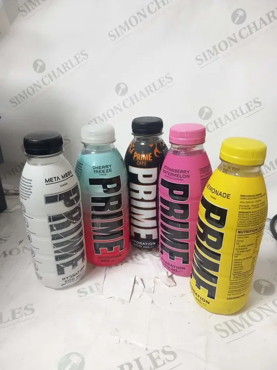 SIX ASSORTED PRIME HYDRATION 500ML TO INCLUDE; META MOON, CHERRY FREEZE, THE PRIME CARD, STRAWBERRY WATERMELON AND LEMONDAE