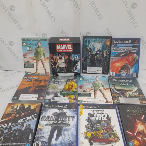 APPROXIMATELY 12 ASSORTED DVDS & GAMES TO INCLUDE MARVEL 4 FILM COLLECTION, CALL OF DUTY WOW (PS2), BREAKING BAD, ETC