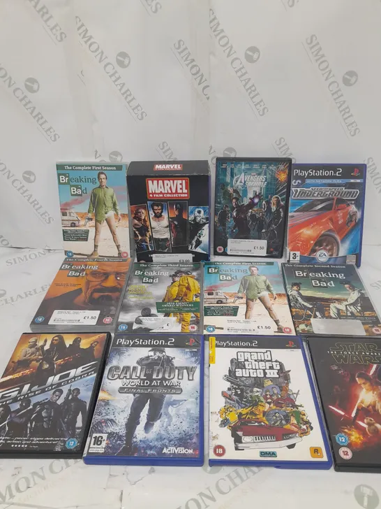 APPROXIMATELY 12 ASSORTED DVDS & GAMES TO INCLUDE MARVEL 4 FILM COLLECTION, CALL OF DUTY WOW (PS2), BREAKING BAD, ETC