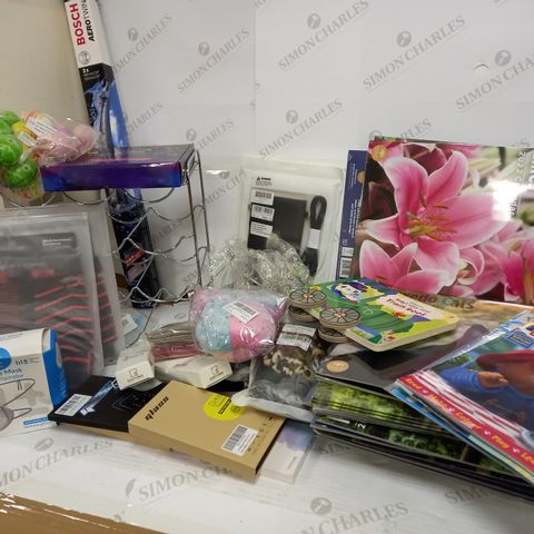 BOX OF ASSORTED ITEMS TO INCLUDE WINE RACK, 2X EARTHMA UNIVERSAL REMOTE, PHONE ACCESSORIES (BAG, CASE, SCREEN PROTECTOR), APPROX. 6X TIARA, FACE MASKS, APPROX. 40X 2022 WALL CALENDARS