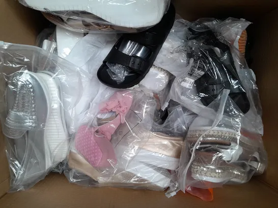 BOX OF APPROXIMATELY 20 ASSORTED PAIRS OF SHOES AND FOOTWEAR ITEMS IN VARIOUS STYLES AND SIZES