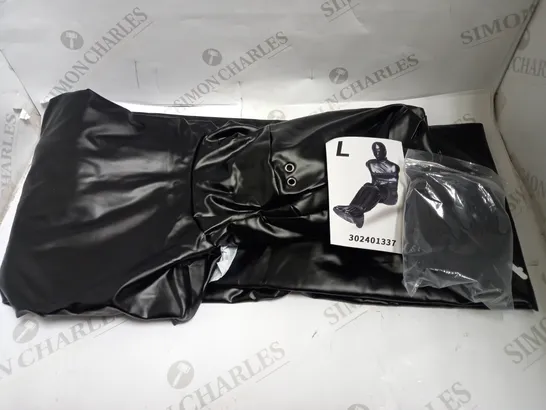 LOT OF 6 LATEX AND LEATHER ADULT WEARABLES TO INCLUDE TORSO PROSTHESIS, JOCKSTRAP, ARM-LENGTH GLOVES, FULL-BODY SUIT, DECORATIVE BRA AND ZIPPED VEST