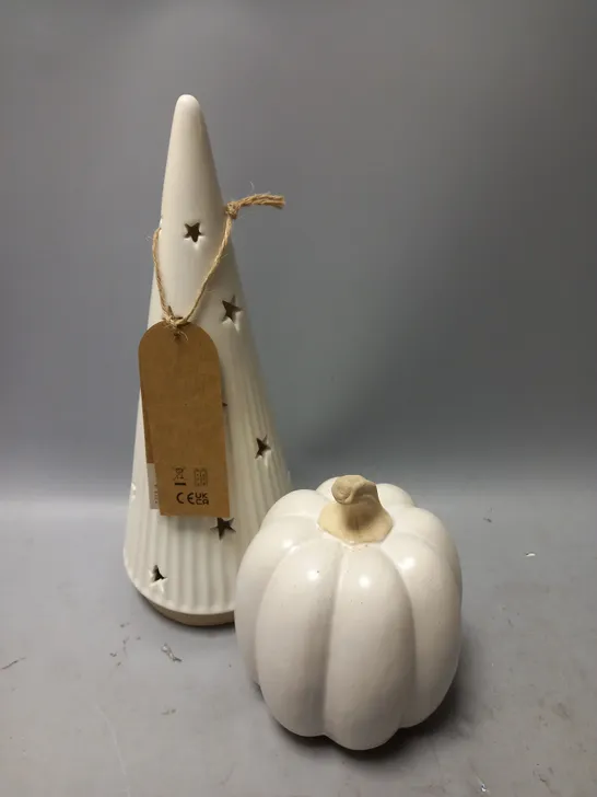 BOX OF APPROX 12 HOME DECOR ITEMS TO INCLUDE CERAMIC PUMPKINS AND LARGE LIGHT UP TREES