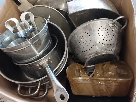 BOX OF ASSORTED CATERING SUPPLIES INCLUDING; POTS, PANS, CUTLERY ECT.