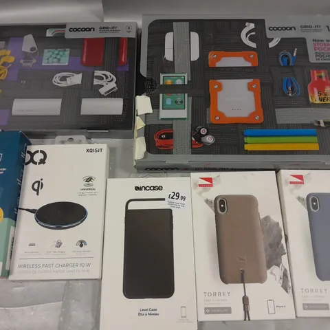 LARGE QUANTITY OF ASSORTED TECH ACCESSORIES TO INCLUDE COCOON GRID-IT ORGANIZERS, ESSENTIAL BUNDLE PACKS, XQISIT FAST CHARGERS AND INCASE PHONE CASES 
