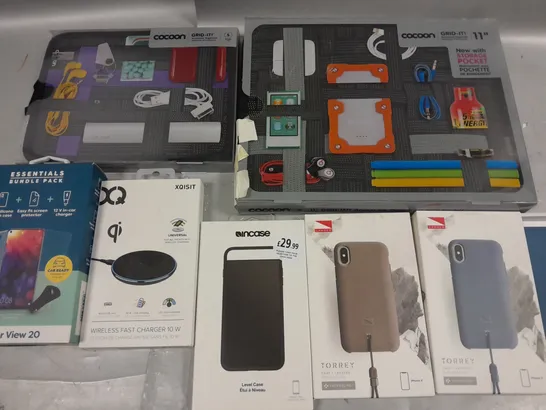 LARGE QUANTITY OF ASSORTED TECH ACCESSORIES TO INCLUDE COCOON GRID-IT ORGANIZERS, ESSENTIAL BUNDLE PACKS, XQISIT FAST CHARGERS AND INCASE PHONE CASES 