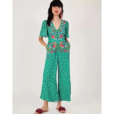 MONSOON RORI PRINT EMB JUMPSUIT- GREEN SIZE MEDIUM