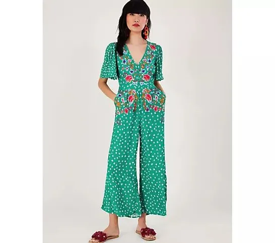 MONSOON RORI PRINT EMB JUMPSUIT- GREEN SIZE MEDIUM