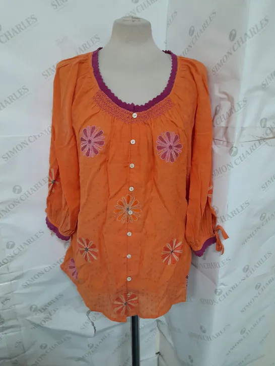 MONSOON EMILY EMBROIDERED TOP ORANGE FLORAL SIZE LARGE