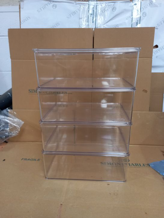 SET OF 4 CLEAR, PERSPEX STACKABLE BOXES WITH HINGED LIDS - 29X33X13